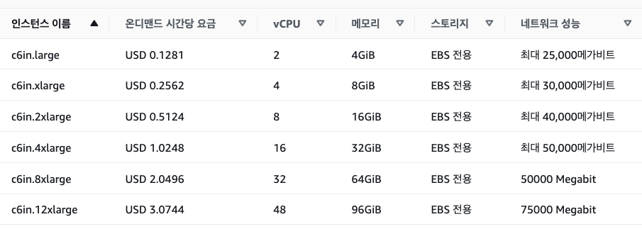 일반적인 EC2 인스턴스(c6in)의 엔지니어링 스펙 